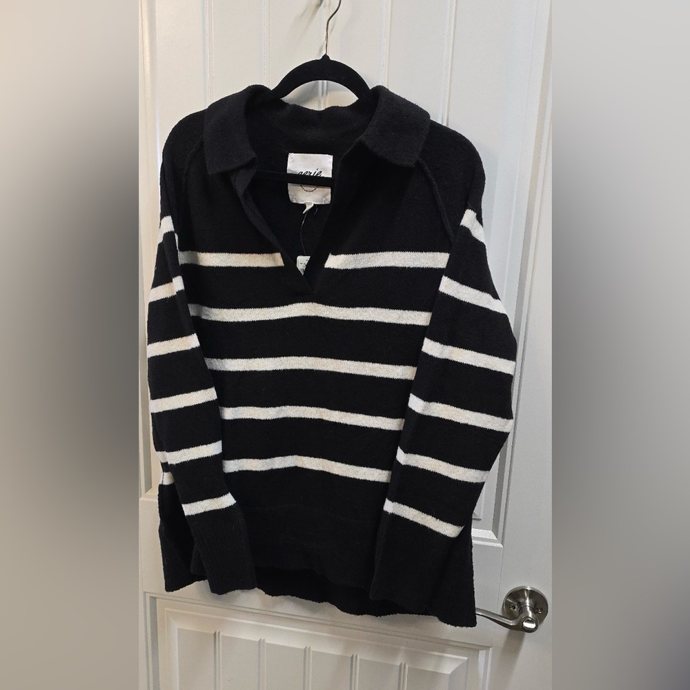 Aerie Striped Collared Sweater Black Cream NWT Small Petite